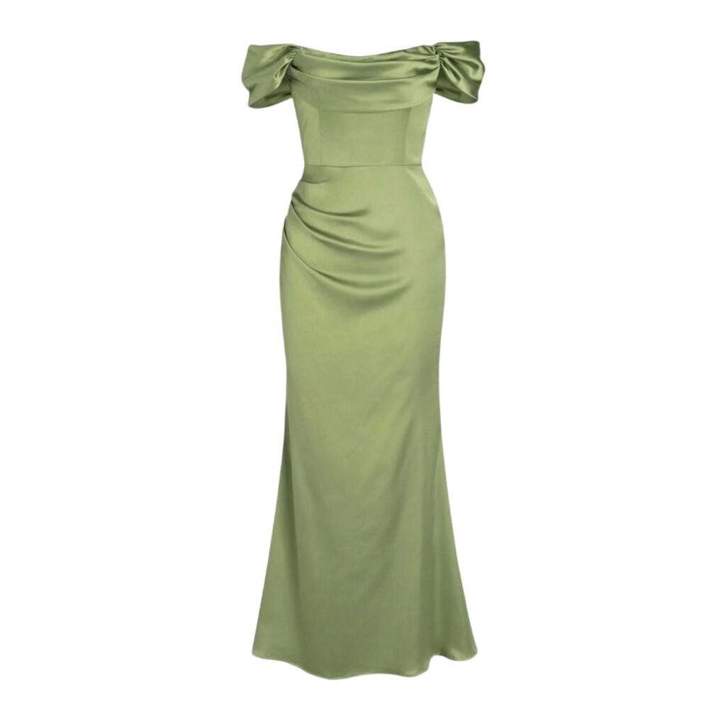 Cider Women's XLarge Light Green Ruched Off-Shoulder Satin Maxi Dress